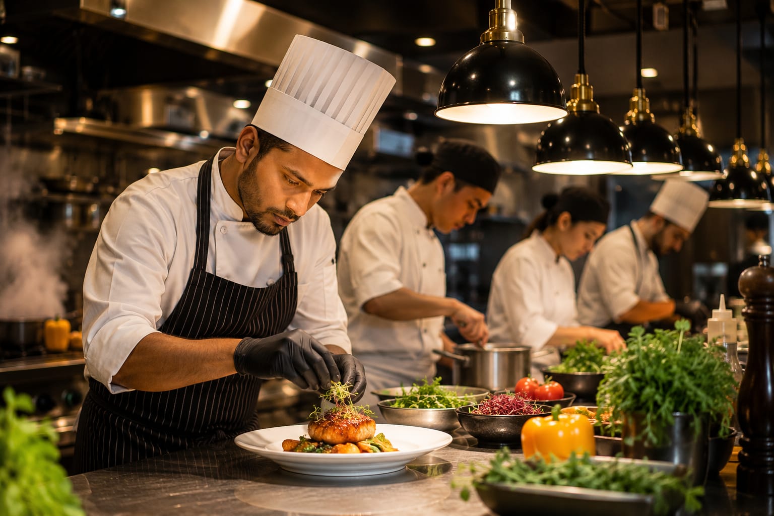 Culinary professionals working in a professional kitchen